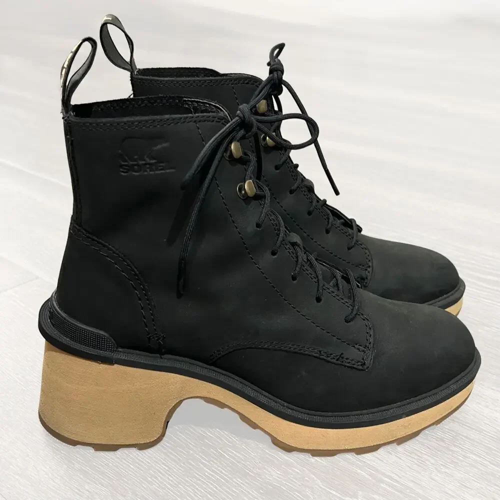 Sorel Hi-Line Heel Lace Boot Black Leather Lug Sole Block Heel Size 7.5 New NWOB